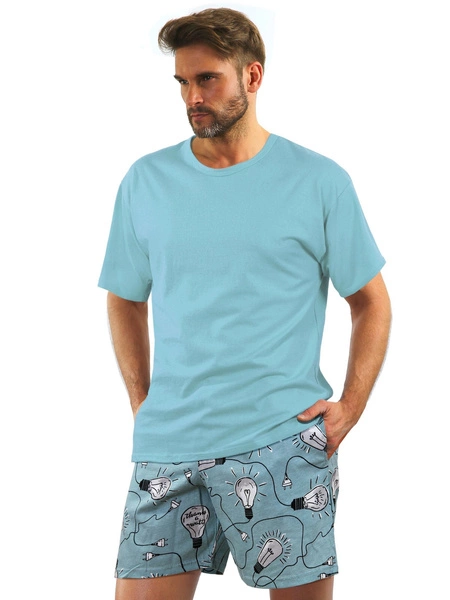 Sesto Senso Herren Pyjama Set – Kurzarm T-Shirt & Shorts, 100% Baumwolle, Bequem & Atmungsaktiv, Madras Karo Muster, Elegante Details, Ideal für Sommernächte, Hellblau/Navy, Europäische Qualität