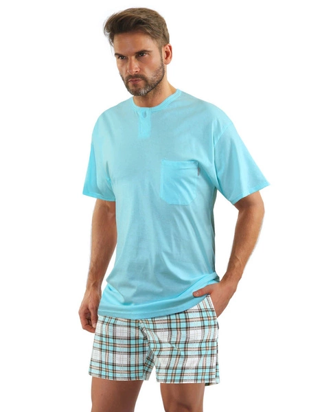 Sesto Senso Herren Pyjama Set – Kurzarm Shirt & Kurze Hose, 100% Baumwolle, Madras-Karo, Bequem & Atmungsaktiv, Mit Taschen & Kordelzug, Nachtwäsche für Sommer, Blau