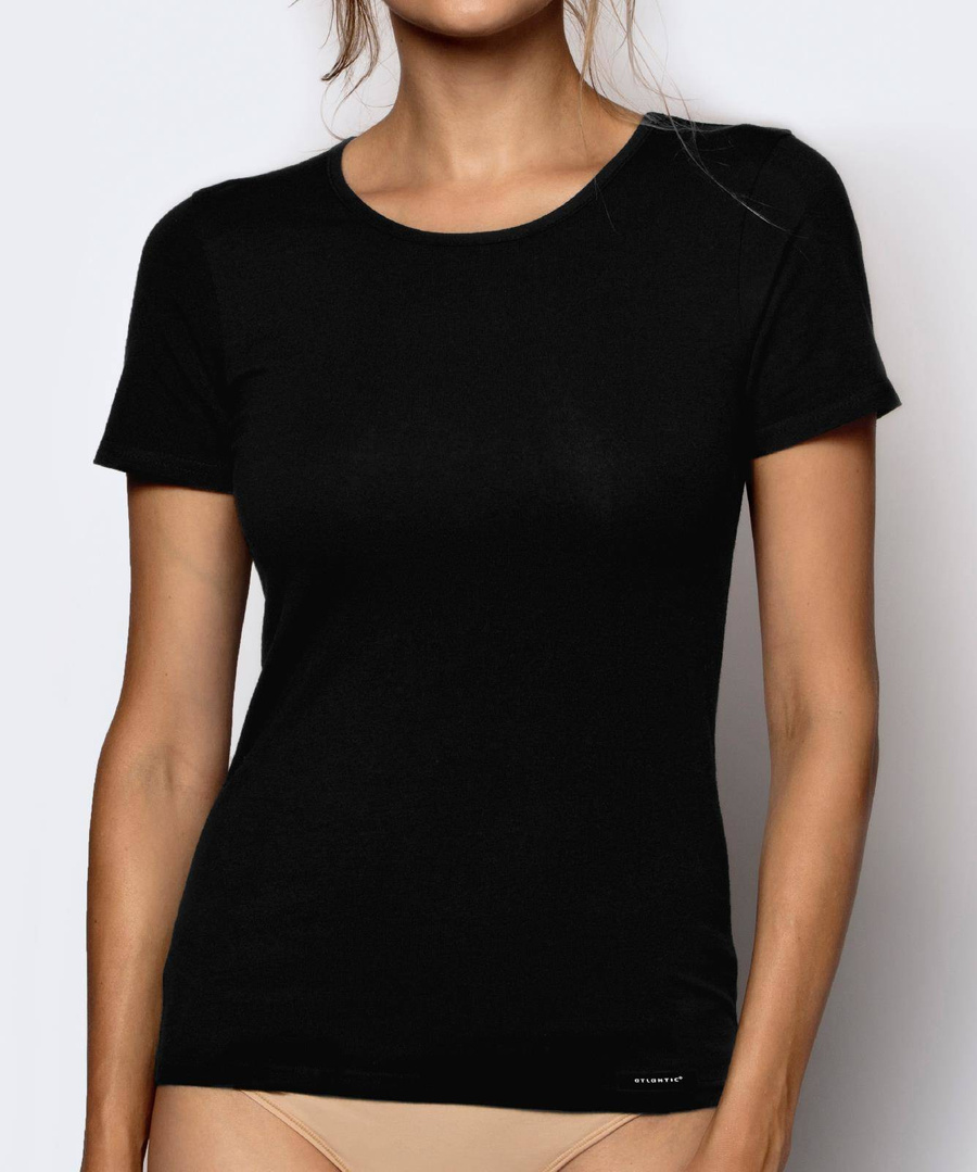 Atlantic Damen T-Shirt – Baumwolle Elastan Mischung, Basic Kollektion, ohne Muster, Schwarz, Rundhals, Kurzarm, Bequemer Schnitt, Ideal für Alltag, Größe S-XL