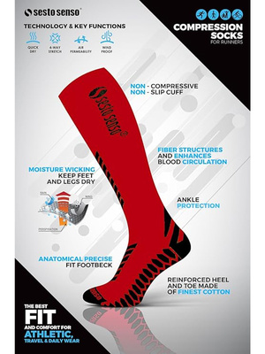 Sesto Senso Kompressions-Kniestrümpfe – Sportliche Laufsocken, Atmungsaktiv, Poliamid-Elastan, Schnelltrocknend, Flachnähte, Unisex, Rot – Optimal für Sport und Regeneration