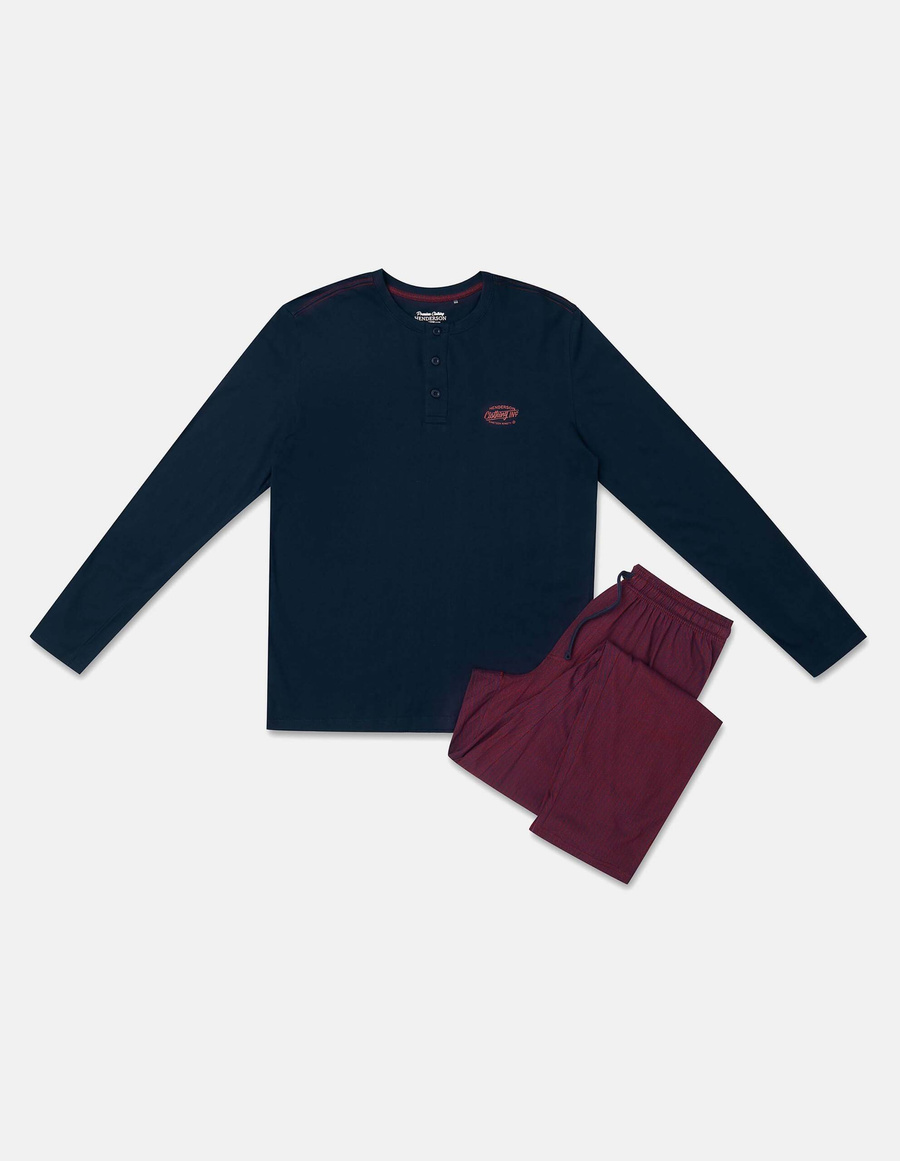 Henderson Herren Pyjama Set Udos – Bequeme Baumwolle, Langarmshirt mit Rundhalsausschnitt, Lange Hosen, Elegantes Design, Atmungsaktiv, Für Herbst/Winter, Mehrfarbig