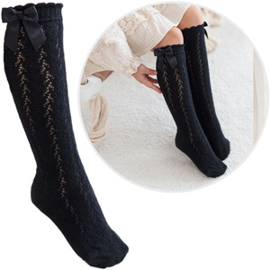 Șosete trei-sferturi pentru copii Seria ażurowe cu fundiță Negre