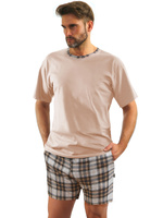 Sesto Senso Herren Pyjama Set – Kurzarm T-Shirt & Shorts aus Baumwolle, Komfortabel & Atmungsaktiv, Elegantes Design mit Madras-Karo, Ideal für Sommernächte, Farbe: Hellbeige, Modell 2576/53