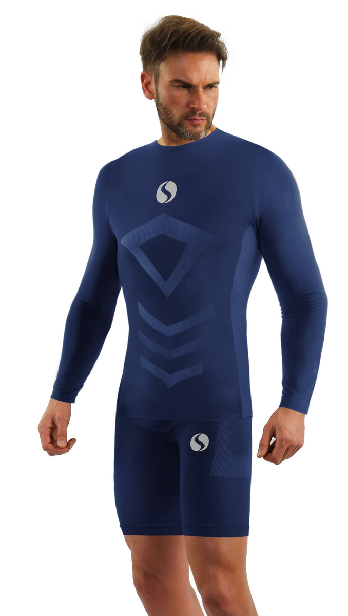 Sesto Senso Herren Thermoaktive Sportwäsche Set – Atmungsaktive Thermo-Unterwäsche, Langarmshirt und Kurze Hose, Nahtlos, Elastisch, Poliamid, Ideal für Winteraktivitäten, Blau