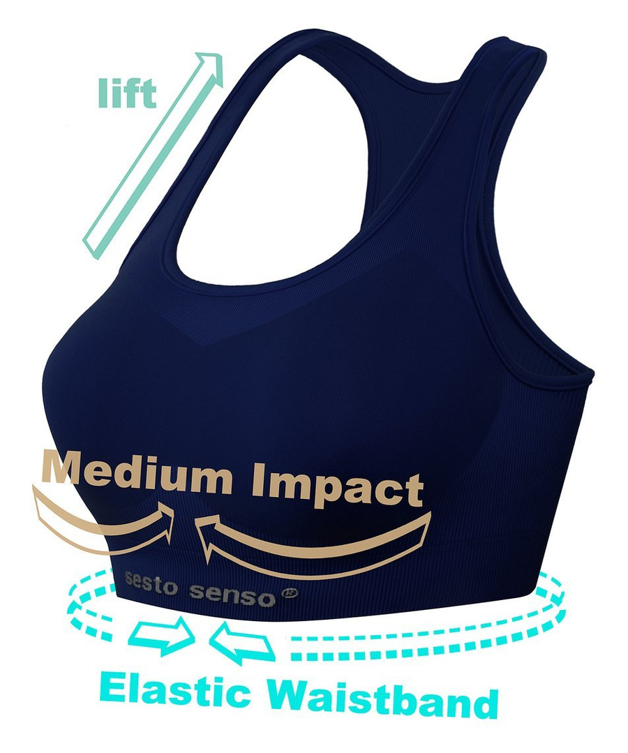 Sesto Senso Damen Seamless Sport-BH – Bequemer Sporttop mit Doppelmaterial, Atmungsaktiv und Schnelltrocknend, Ideal für Fitness und Crossfit, Blau, Poliamid-Elastan Mix