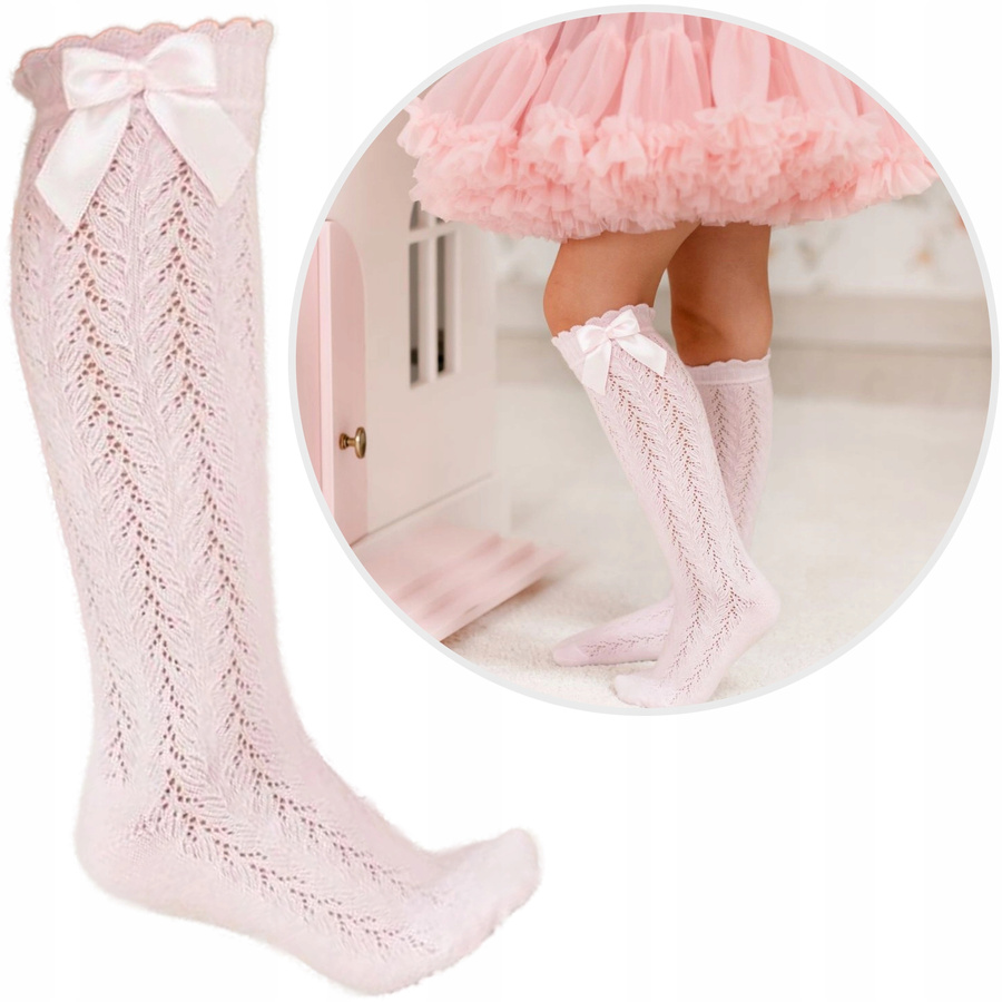 Șosete până la genunchi pentru copii Seria cu model ajurat Roz