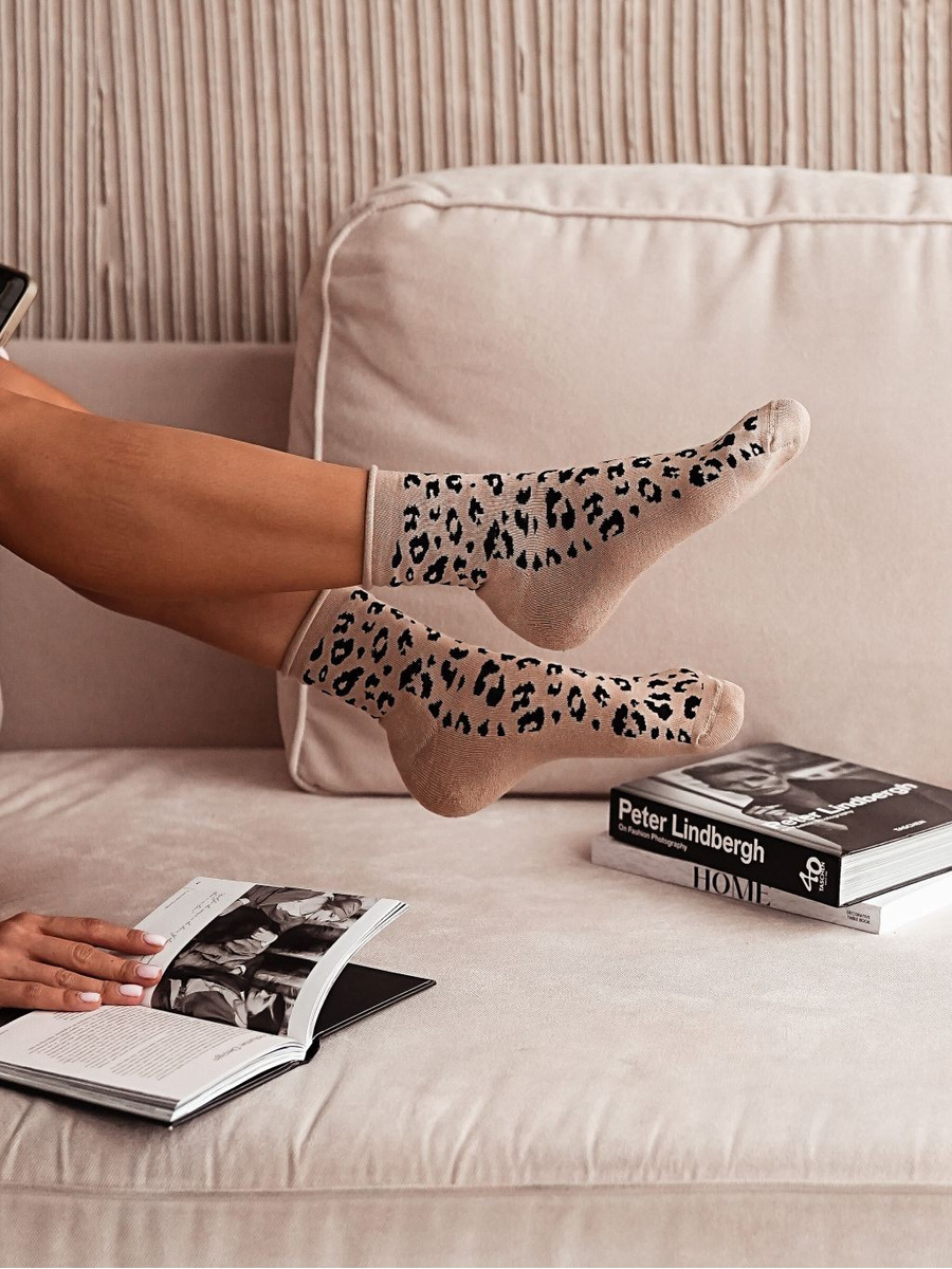 UNIQUE Damen-Halbunterwäsche-Socken Leopardendruck, Farbe beige, Größe 38-41