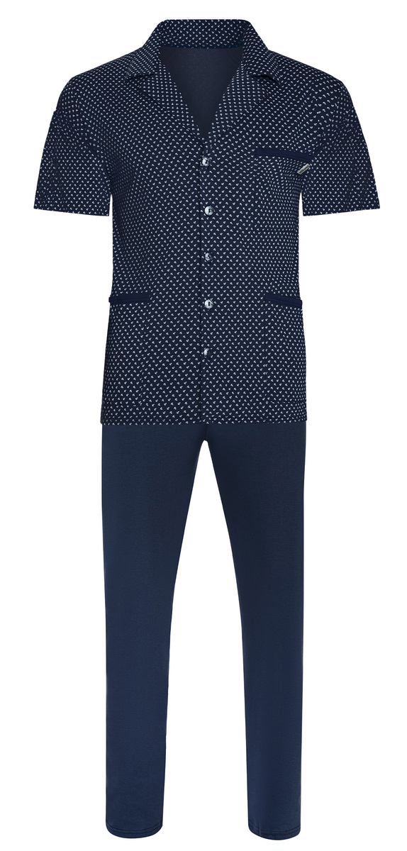 Sesto Senso Herren Pyjama Set – Kurzarm, Langhose, 100% Baumwolle, Knopfleiste, Anker Muster, Praktische Taschen, Elegante Geschenkbox, Ideal für Zuhause und Krankenhaus, Dunkelblau