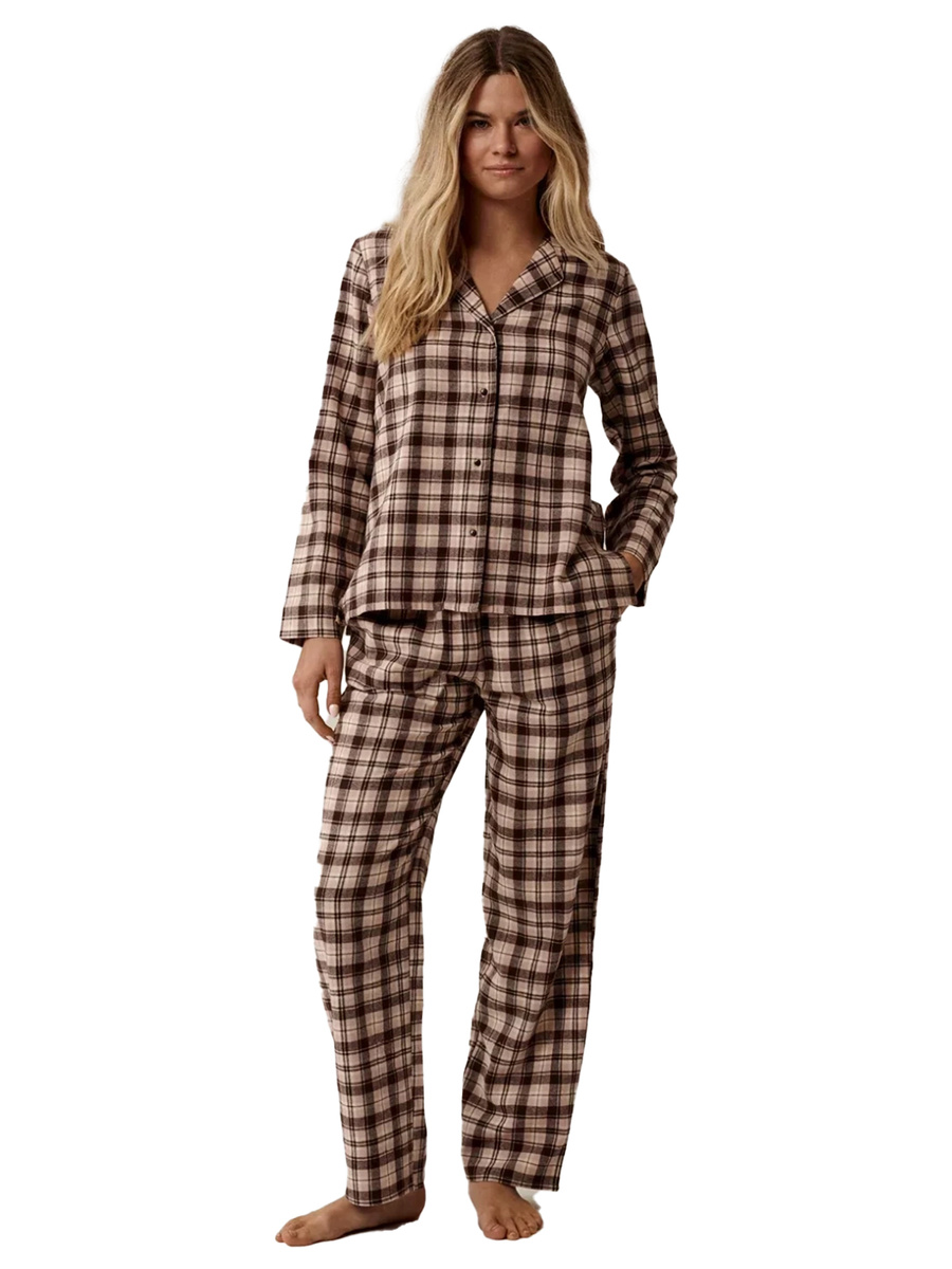 Damen Schlafanzug Serie nlp-505 Kariert Ecru-Braun-Beige