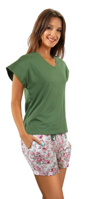 Sesto Senso Damen Baumwoll Pyjama Set – Bequeme Kurzarm Schlafanzug mit Taschen, Weiche Shorts mit Rosenmuster, V-Ausschnitt T-Shirt, Kurz, Grün, Größen M-XXL