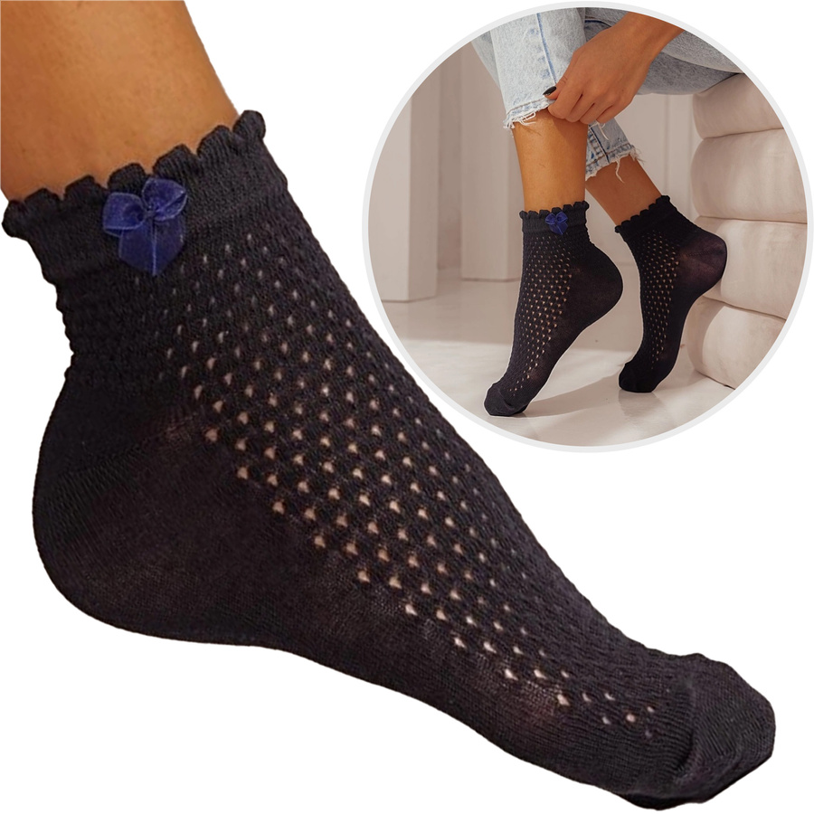 Damenstrümpfe Serie Ajour mit Schleife Marineblau/Blau