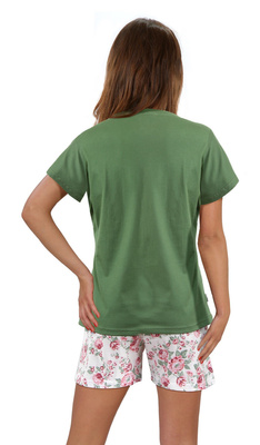 Sesto Senso Damen Baumwoll Pyjama Set – Bequeme Kurzarm Schlafanzug mit Taschen, Weiche Shorts mit Rosenmuster, V-Ausschnitt T-Shirt, Kurz, Grün, Größen M-XXL