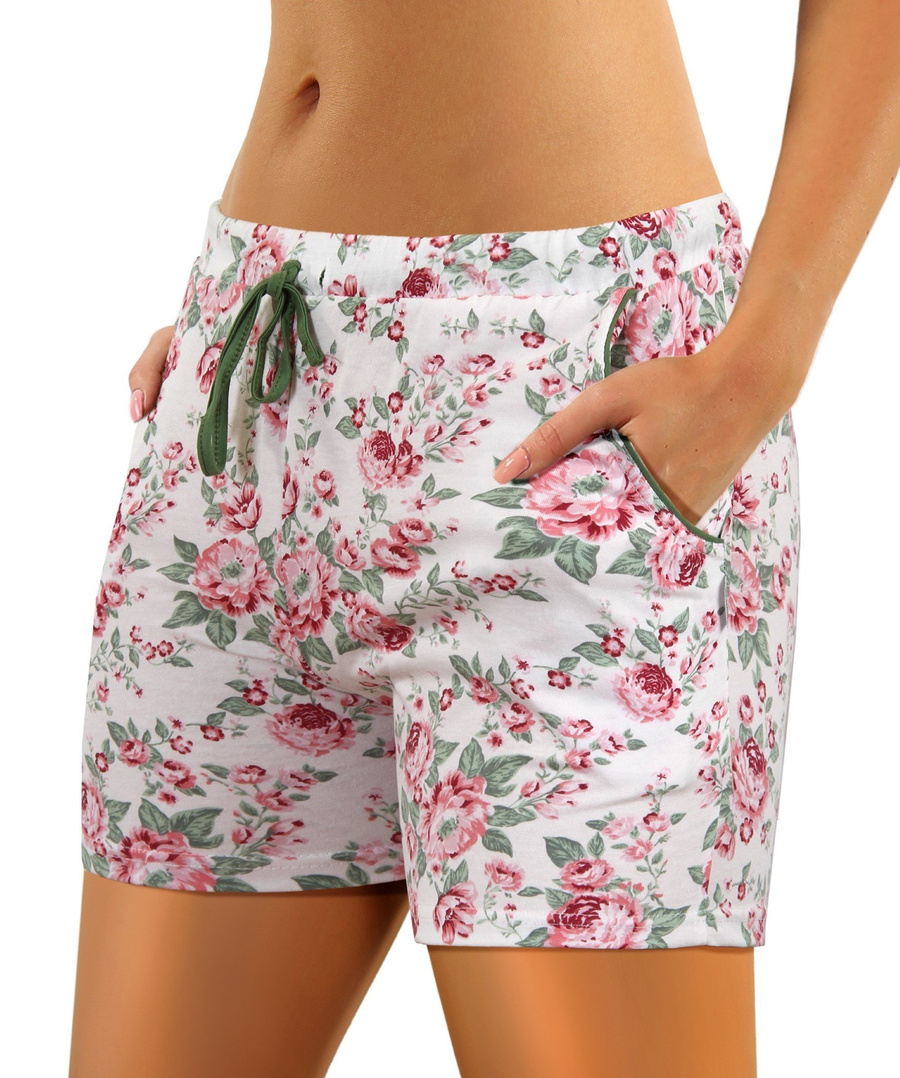 Sesto Senso Damen Baumwoll Pyjama Set – Bequeme Kurzarm Schlafanzug mit Taschen, Weiche Shorts mit Rosenmuster, V-Ausschnitt T-Shirt, Kurz, Grün, Größen M-XXL