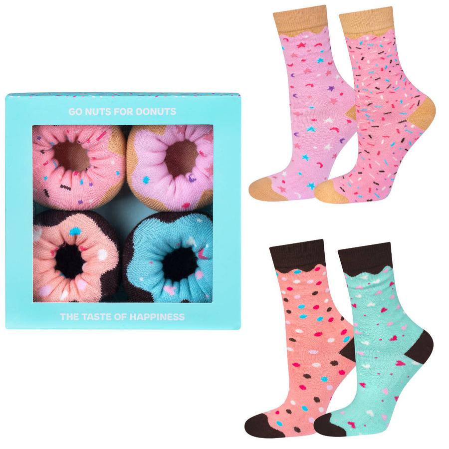 Set mit 2x langen Socken für Frauen SOXO Donuts in einer bunten Schachtel, perfekt als Geschenk