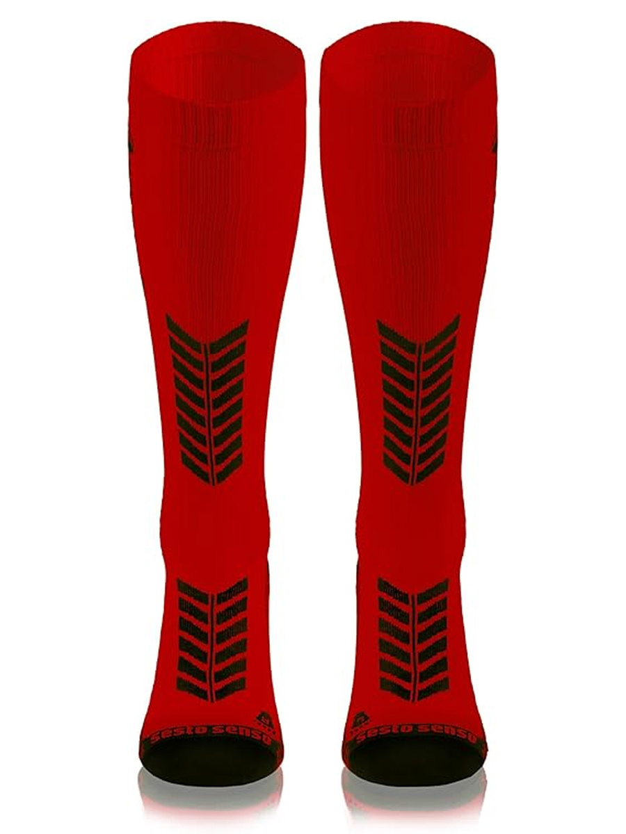 Sesto Senso Kompressions-Kniestrümpfe – Sportliche Laufsocken, Atmungsaktiv, Poliamid-Elastan, Schnelltrocknend, Flachnähte, Unisex, Rot – Optimal für Sport und Regeneration