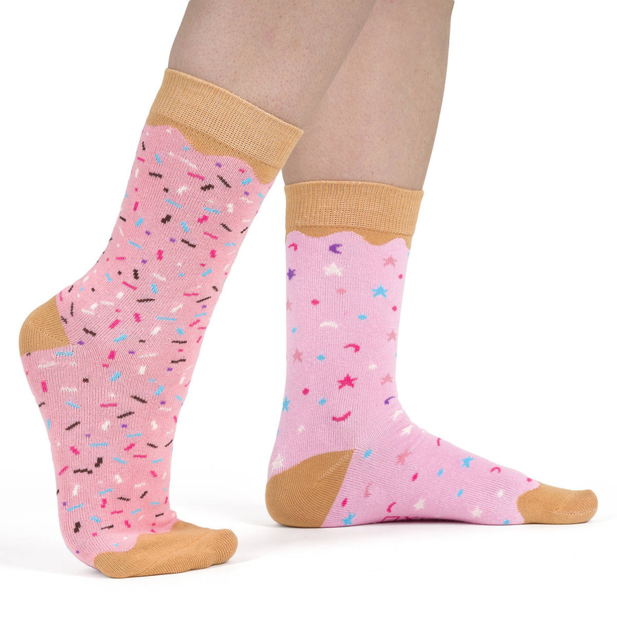 Set mit 2x langen Socken für Frauen SOXO Donuts in einer bunten Schachtel, perfekt als Geschenk