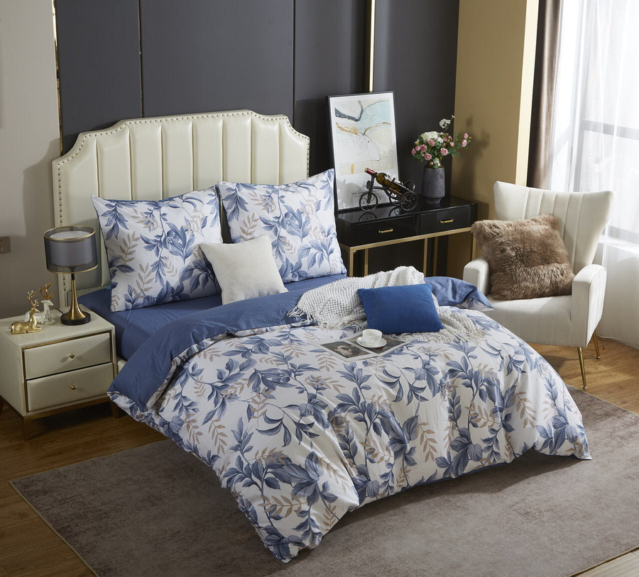 Bettwäsche Y014 Weiß mit blauen und beigen Pflanzenmotiv