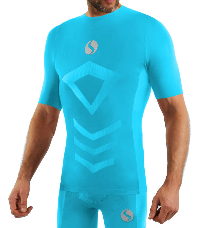 Sesto Senso Herren Thermo Active T-Shirt – Kurzarm, Atmungsaktiv, Nahtlos, Antiallergisch, Elastisch, Sportbekleidung für Fitness & Outdoor, Blau/Türkis, Poliamid, Sportliche Winterkollektion