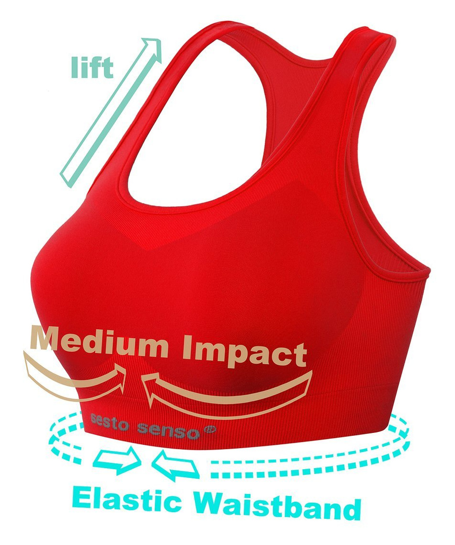 Sesto Senso Damen Seamless Sport Top – Nahtloser Sport-BH, Elastisch, Atmungsaktiv, Thermoregulierend, Doppellagig, Perfekte Passform, Rot, Poliamid, Ideal für Fitness, Crossfit, Laufen, Radfahren, Neu