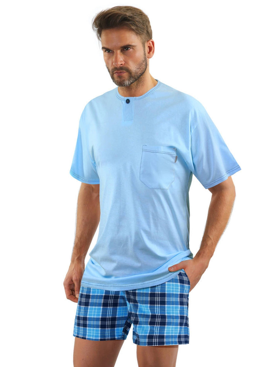 Schlafanzug Herren Kurzarm Kurze Hose Blau