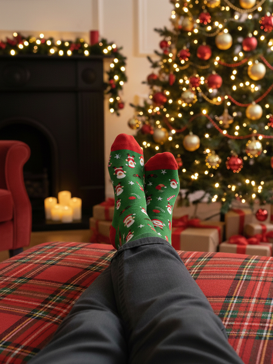 Gianna Herren Weihnachts-Socken – Bequeme Skarpetki mit Mikołaj-Motiv, Grün, Weiche Baumwolle, Festliche Kollektion, Ideal für Weihnachten, Komfortabel und Stilvoll, Perfekt als Geschenk, Rutschfest, Pflegeleicht