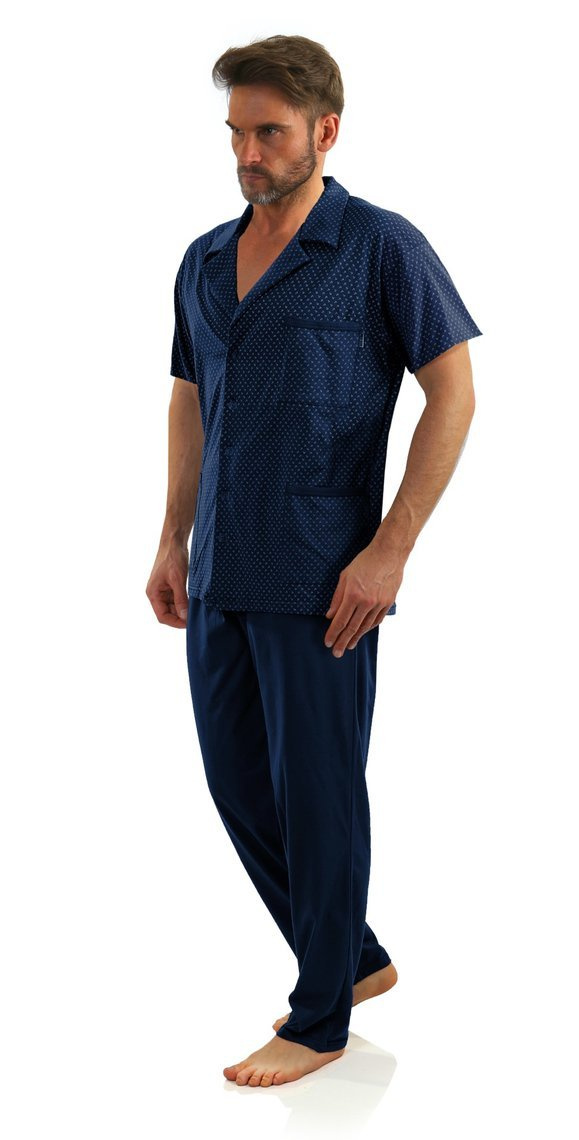 Sesto Senso Herren Pyjama Set – Kurzarm, Langhose, 100% Baumwolle, Knopfleiste, Anker Muster, Praktische Taschen, Elegante Geschenkbox, Ideal für Zuhause und Krankenhaus, Dunkelblau