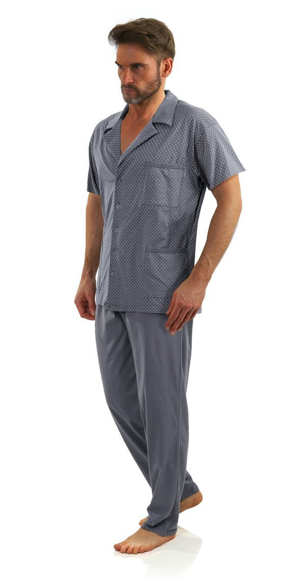 Sesto Senso Herren Pyjama Set – Elegante Kurzarm Schlafanzug mit Anker-Muster, 100% Baumwolle, Knopfleiste, Praktische Taschen, Lange Hose, Geschenkverpackung, Grafit Grau