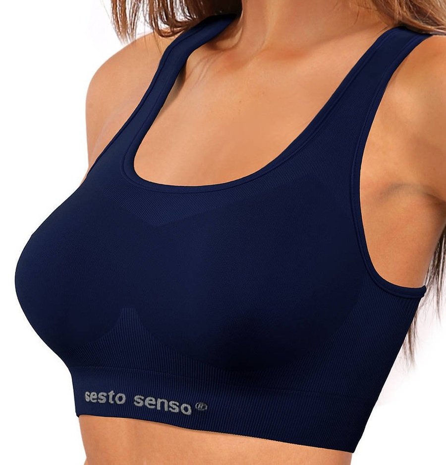 Sesto Senso Damen Seamless Sport-BH – Bequemer Sporttop mit Doppelmaterial, Atmungsaktiv und Schnelltrocknend, Ideal für Fitness und Crossfit, Blau, Poliamid-Elastan Mix
