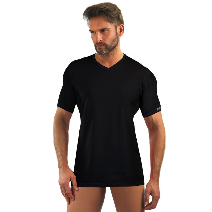 Sesto Senso Herren T-Shirt mit V-Ausschnitt – Weiches Baumwoll-Elastan Material, Flache Nähte, Komfort und Stil, Ideal für Alltag, Schwarz, Kurzarm, Made in Poland