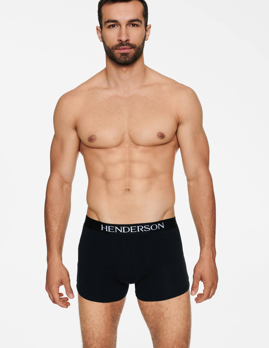 Henderson Herren Boxer Shorts – Bequeme Unterwäsche aus Baumwolle mit Elastan, Längerer Schnitt, Breiter Bund mit Logo, Nahtloser Beinabschluss, Schwarz, Modell 35218, Premium Linie, Vielseitig, Klassisch