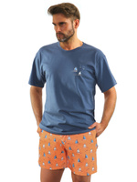 Sesto Senso Herren Pyjama Set – Kurzer Ärmel & Shorts, 100% Baumwolle, Komfort & Stil, Madras Karo, Ideal für Sommernächte, Farbe: Jeans/Orange, Hochwertige EU-Produktion, Praktische Taschen, Atmungsaktiv, Größe M-XXL