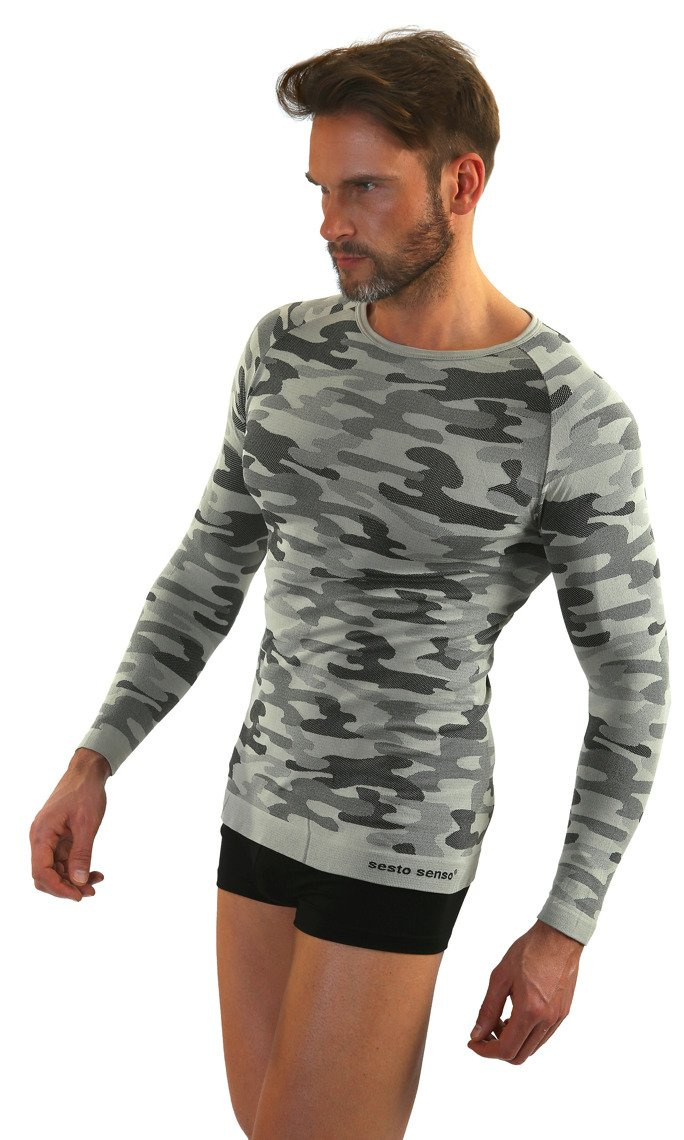 Sesto Senso Herren Thermoaktive Funktionsshirt – Nahtlos, Atmungsaktiv, 4-Wege-Stretch, Antiallergen, Langarm, Poliamid, Sportbekleidung für Winter, Camouflage Design, Hellgrau