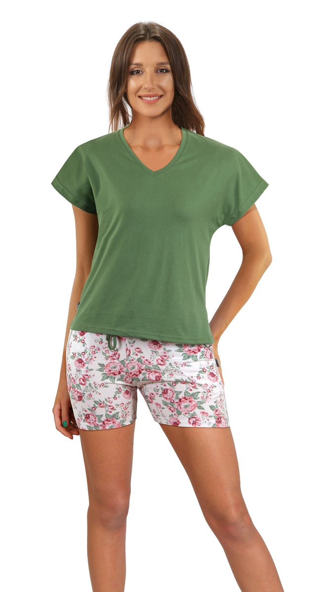 Sesto Senso Damen Baumwoll Pyjama Set – Bequeme Kurzarm Schlafanzug mit Taschen, Weiche Shorts mit Rosenmuster, V-Ausschnitt T-Shirt, Kurz, Grün, Größen M-XXL