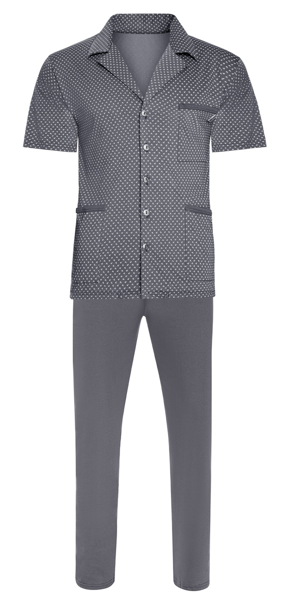 Sesto Senso Herren Pyjama Set – Elegante Kurzarm Schlafanzug mit Anker-Muster, 100% Baumwolle, Knopfleiste, Praktische Taschen, Lange Hose, Geschenkverpackung, Grafit Grau