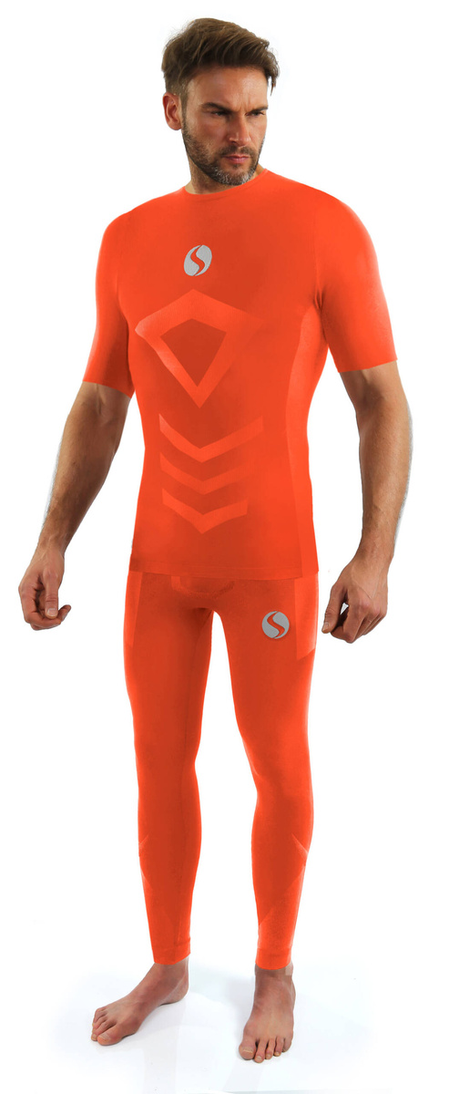 Sesto Senso Herren Thermoaktive Sportbekleidung – Atmungsaktives Set aus Poliamid, Schnelltrocknend, Nahtlos, Für Winteraktivitäten, Inklusive Kurzarmshirt und Lange Hose, Orange