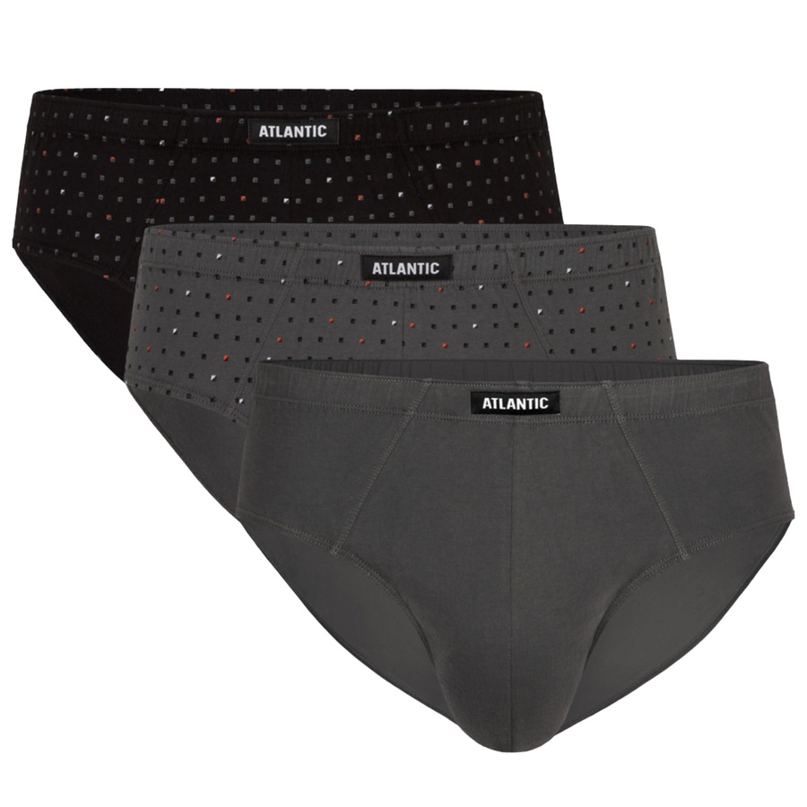 Atlantic Herren Baumwolle Slips – Klassischer Schnitt, Bequemer Print, 3er Pack, Farben: Schwarz, Khaki, Grau, Rot, Blau, 100% Baumwolle, Für Männer, Innengummi im Tunnel, Atmungsaktiv, Kollektion Classic, Ideal für Alltag und Sport.