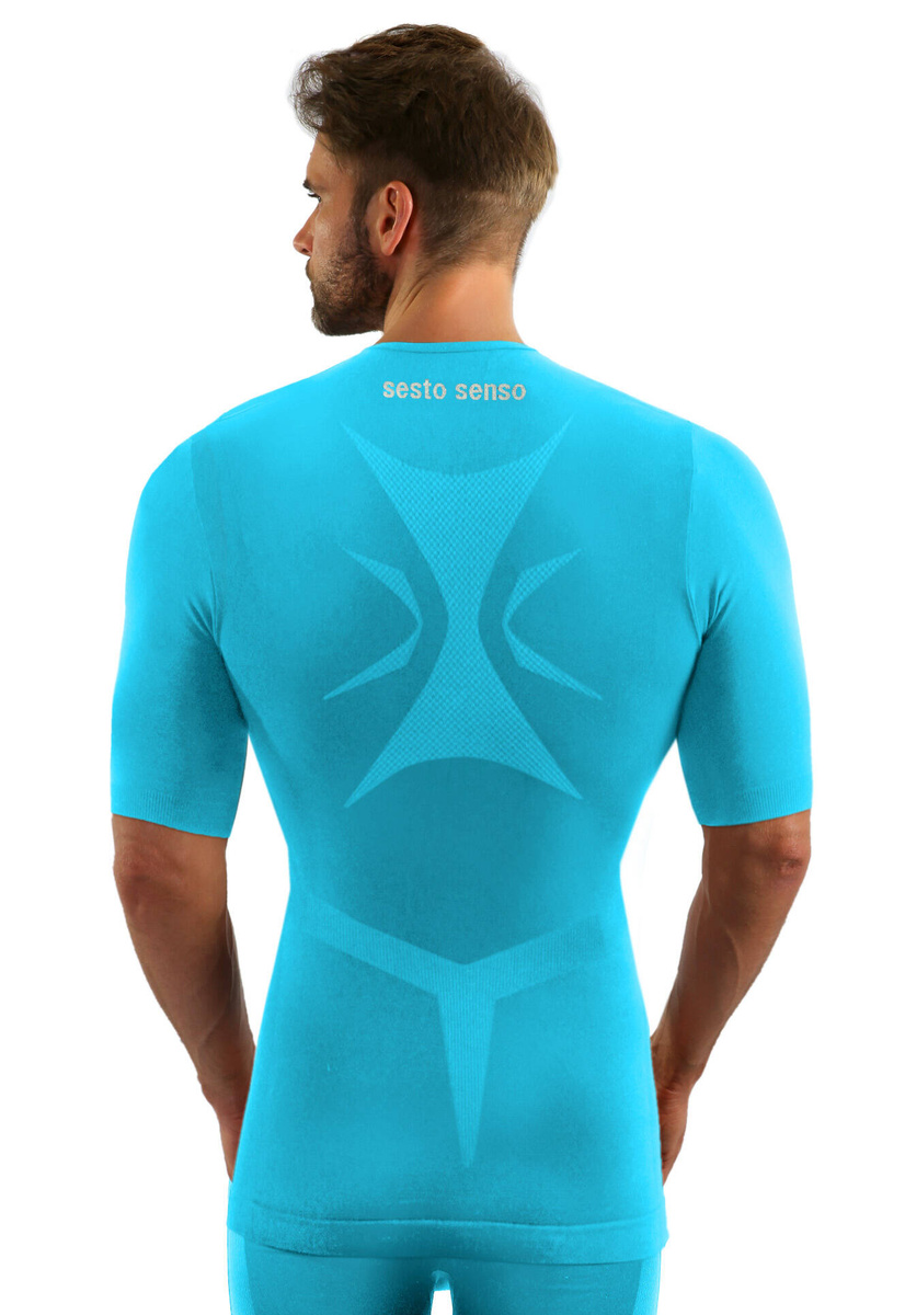 Sesto Senso Herren Thermo Active T-Shirt – Kurzarm, Atmungsaktiv, Nahtlos, Antiallergisch, Elastisch, Sportbekleidung für Fitness & Outdoor, Blau/Türkis, Poliamid, Sportliche Winterkollektion