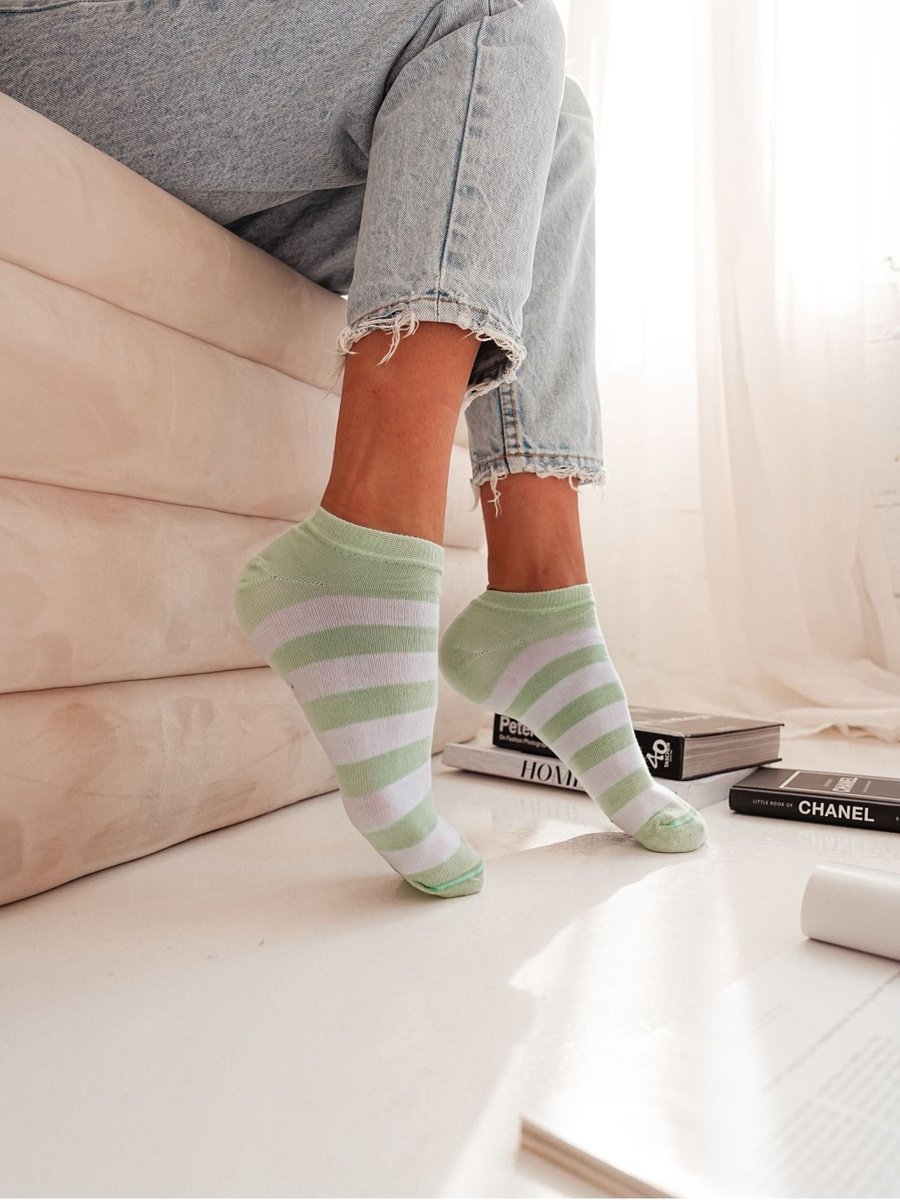 Damen Sneaker Socken Serie Gestreift Grün Weiß