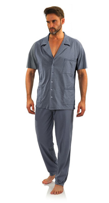Sesto Senso Herren Pyjama Set – Elegante Kurzarm Schlafanzug mit Anker-Muster, 100% Baumwolle, Knopfleiste, Praktische Taschen, Lange Hose, Geschenkverpackung, Grafit Grau