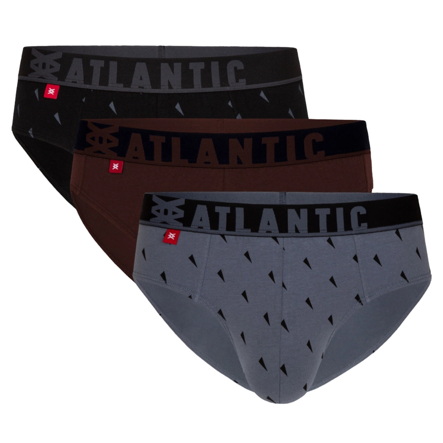 Atlantic Herren Sport Slips – Bequeme Unterwäsche aus 95% Baumwolle, 5% Elastan, Print-Design, 3er Pack, Braun/Grau/Schwarz, Modell 3MP-152, Externer Gummibund, Kollektion Sport | jz23