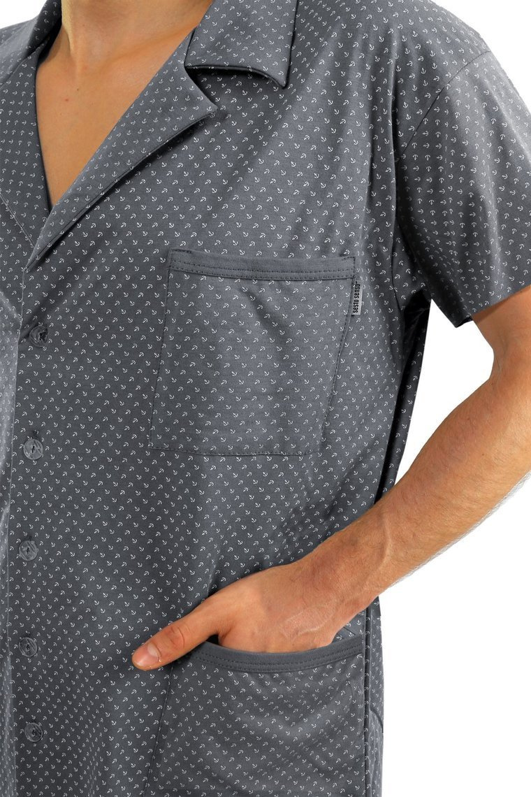Sesto Senso Herren Pyjama Set – Elegante Kurzarm Schlafanzug mit Anker-Muster, 100% Baumwolle, Knopfleiste, Praktische Taschen, Lange Hose, Geschenkverpackung, Grafit Grau