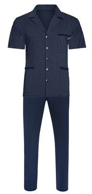 Sesto Senso Herren Pyjama Set – Kurzarm, Langhose, 100% Baumwolle, Knopfleiste, Anker Muster, Praktische Taschen, Elegante Geschenkbox, Ideal für Zuhause und Krankenhaus, Dunkelblau