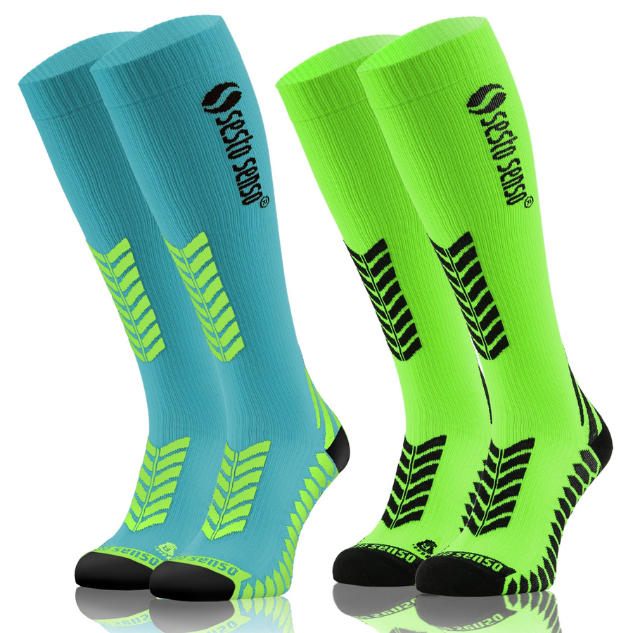 Lange Sportliche Kompressionssocken 2er Set Blau, Grün