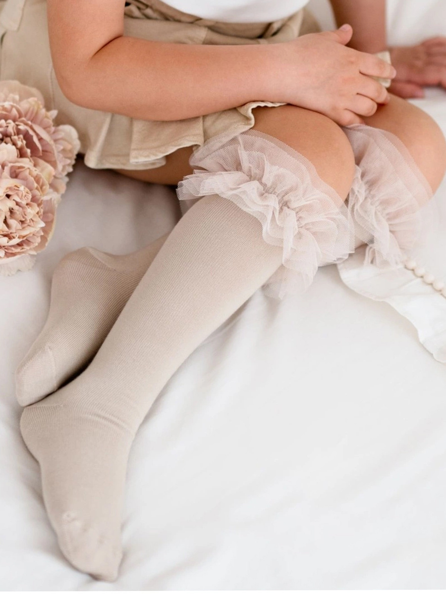 Kinderkniestrümpfe mit Tüll, Farbe Beige, Größe 35-37