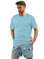 Sesto Senso Herren Pyjama Set – Kurzarm T-Shirt & Shorts, 100% Baumwolle, Bequem & Atmungsaktiv, Madras Karo Muster, Elegante Details, Ideal für Sommernächte, Hellblau/Navy, Europäische Qualität