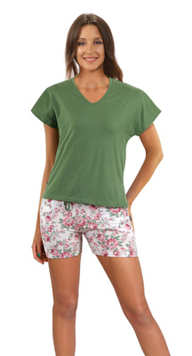Sesto Senso Damen Baumwoll Pyjama Set – Bequeme Kurzarm Schlafanzug mit Taschen, Weiche Shorts mit Rosenmuster, V-Ausschnitt T-Shirt, Kurz, Grün, Größen M-XXL