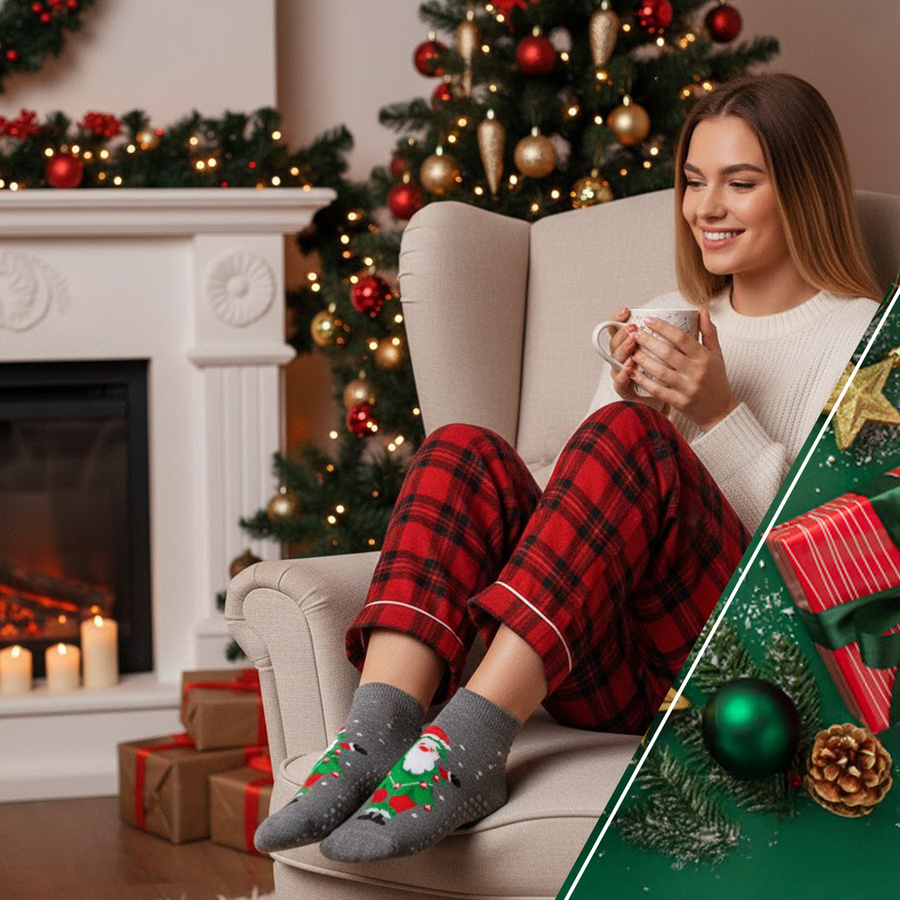 Stopki świąteczne frotte ABS z mikołajem art. 132 ZF020 melanż szary