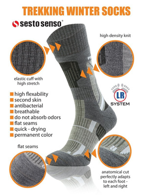 Sesto Senso Trekking Winter Wollsocken – Warme, Atmungsaktive Trekking-Socken mit Verstärkungen, Antibakteriell, Für Herren und Damen, Grau/Mehrfarbig, Ideal für Herbst/Winter Outdoor-Aktivitäten und Sport