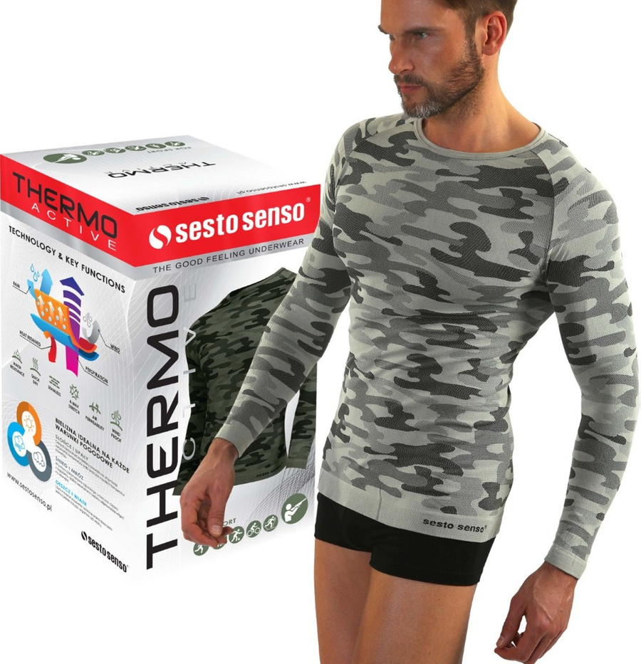 Sesto Senso Herren Thermoaktive Funktionsshirt – Nahtlos, Atmungsaktiv, 4-Wege-Stretch, Antiallergen, Langarm, Poliamid, Sportbekleidung für Winter, Camouflage Design, Hellgrau