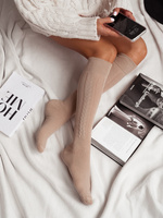 Kniestrümpfe Damenserie Zopf Ajour Schwarz / Hellmeliert / Beige